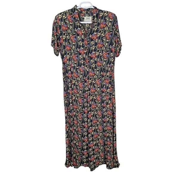 RARE Vintage Flax Dress Short Sleeve Moody Floral Busy Buttons Collar Pockets M - Picture 1 of 9
